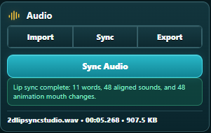 Audio panel in 2D Lip Sync Studio with a dialogue recording loaded
