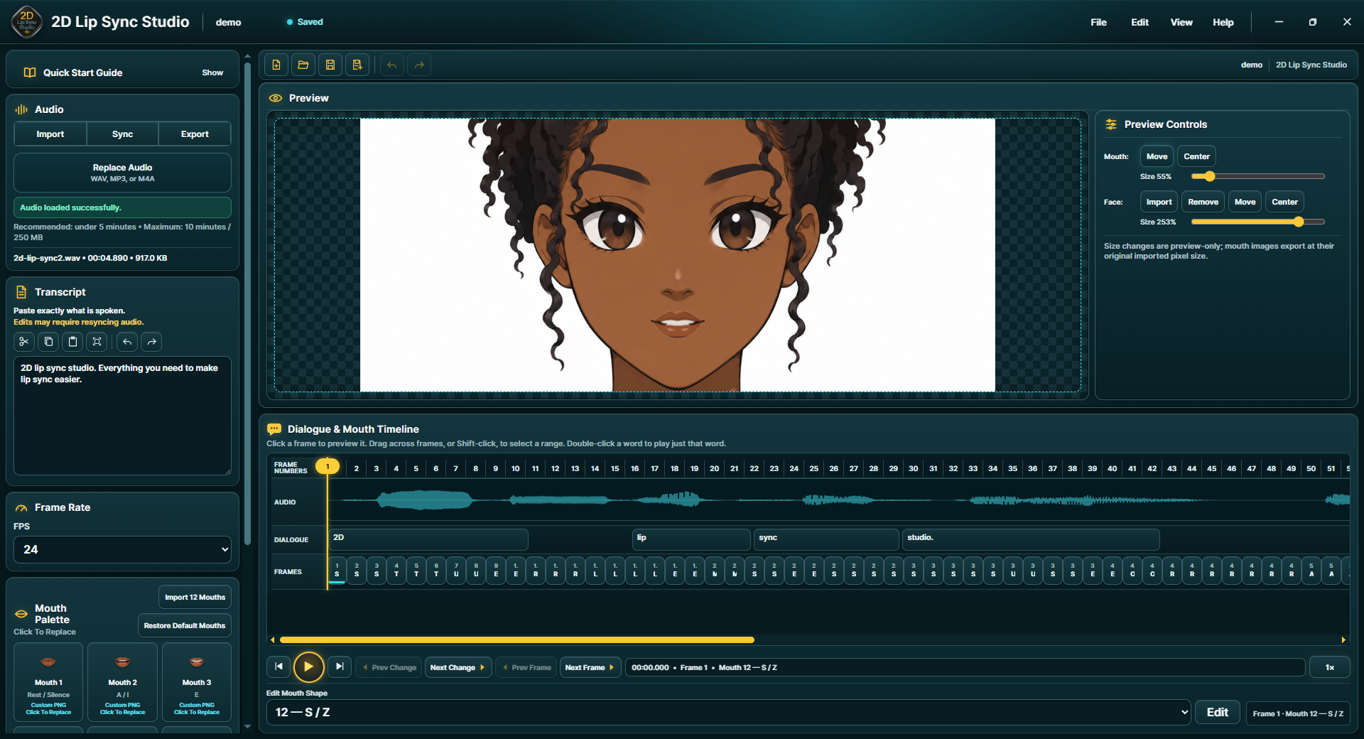2D Lip Sync Studio interface showing character preview, audio waveform, dialogue timeline, and mouth-shape controls