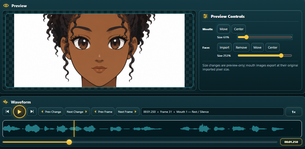 2D Lip Sync Studio character preview showing a 2D animated character and preview controls