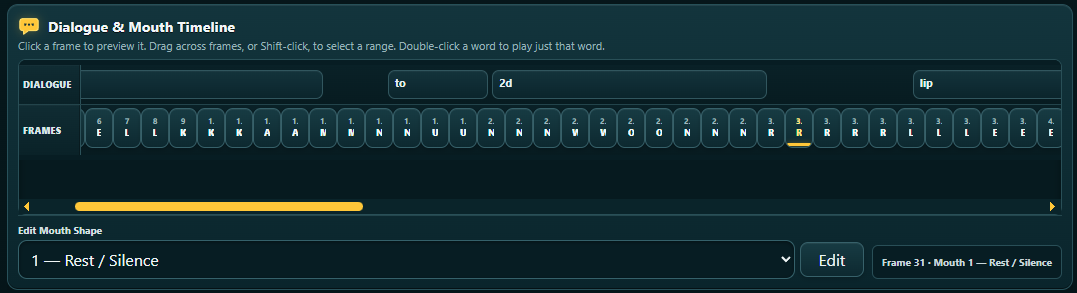 Dialogue and mouth timeline showing words, sounds and mouth shapes
